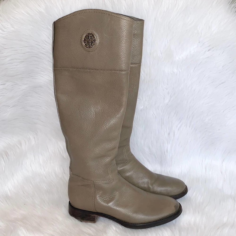 Tory Burch Junction Riding Boot Tall Knee High Leather Logo Boots in Porcini, 7